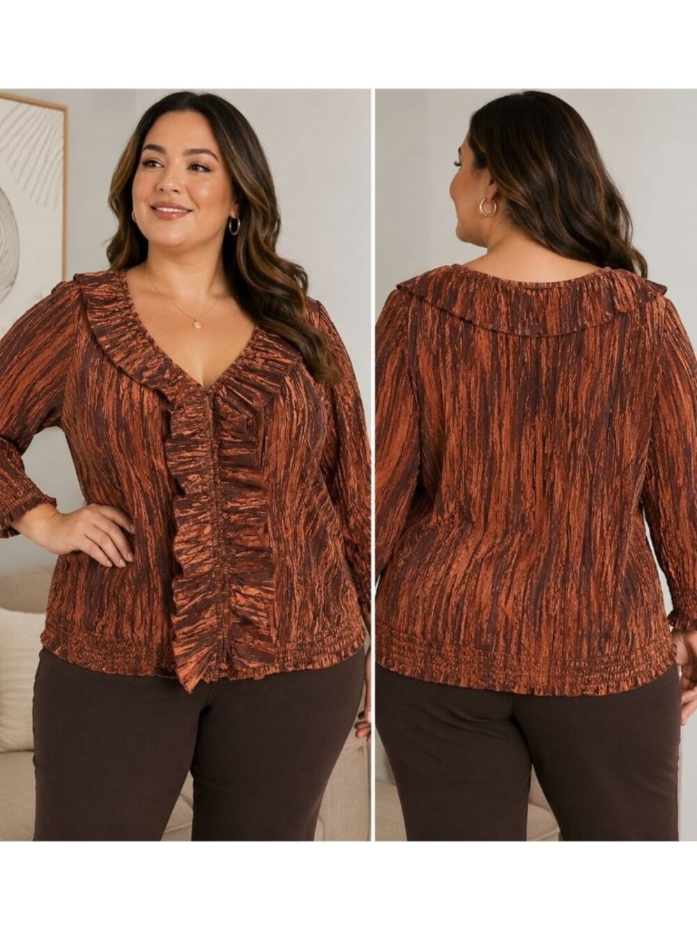 Harve Benard Harve Benard XL Copper Ruffle Blouse Crinkle Texture Bohemian Boho